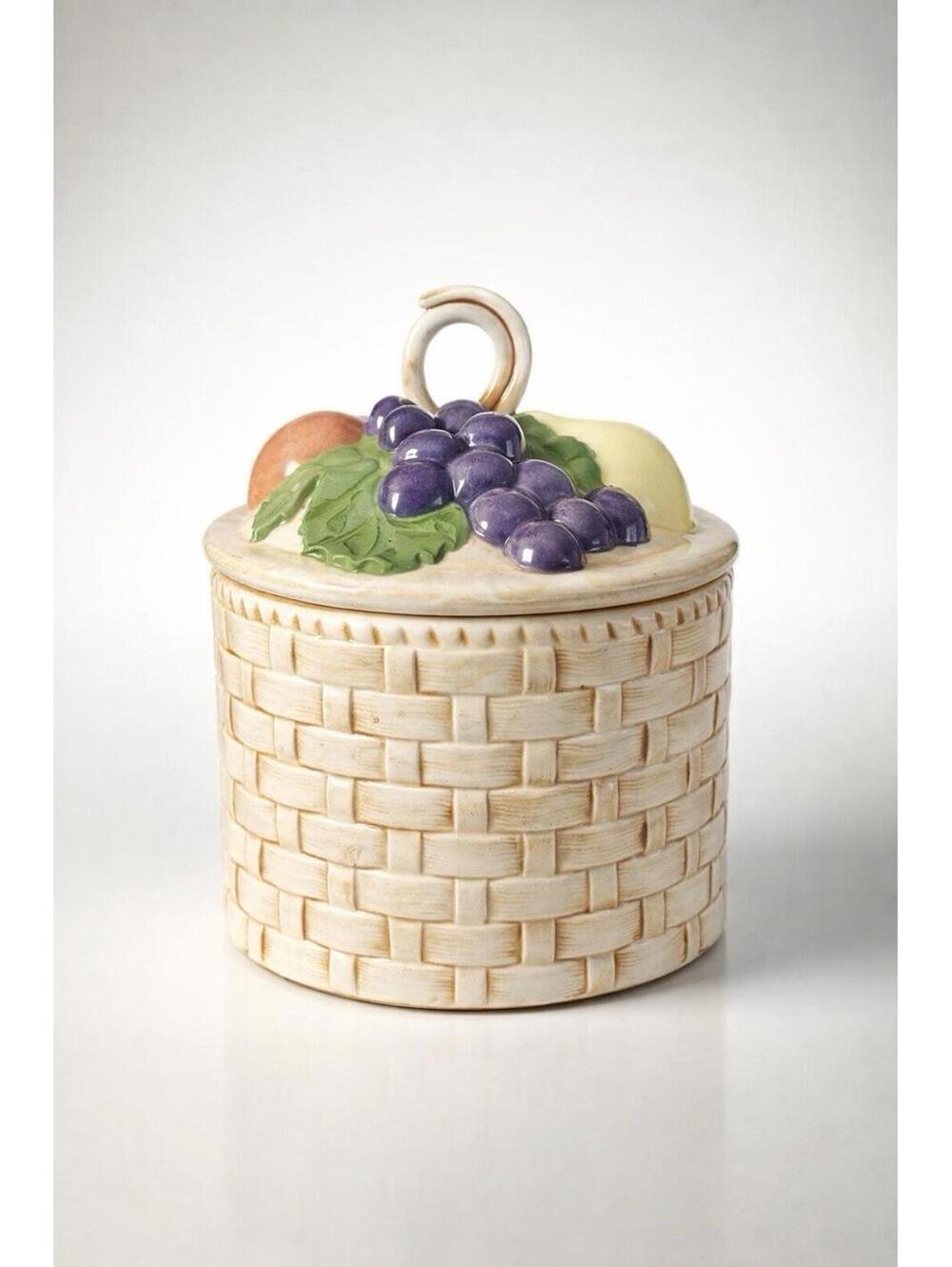 Vintage Ceramic Basket Weave Cookie Jar with Fruit and Flower Lid